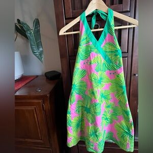Lilly Pulitzer Girls Size 14 Vintage White Label Halter Sundress Pink + Green